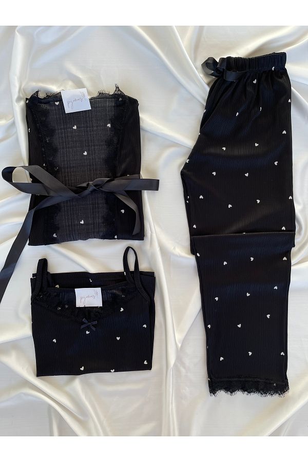 Pijamacs-Black Heart Patterned Pegasus Pajama Set with Apron 1