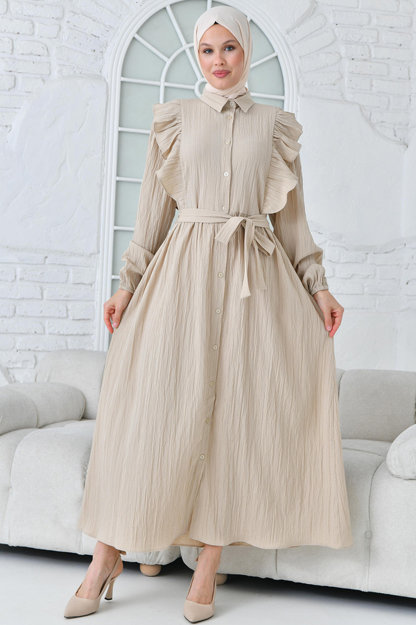 QLAY Women's Beige Flounce Belted Woven Dress