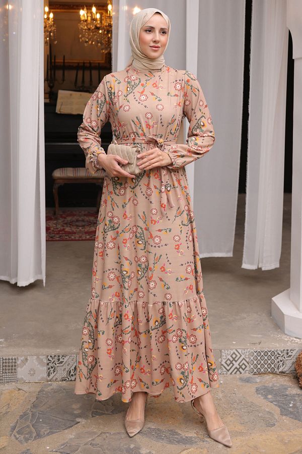 benguen-12014 Kleid mit Blumendruck und elastischen Ärmeln in Beige 1