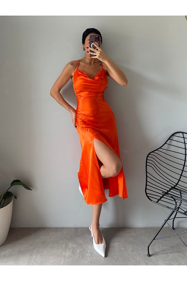 Rabury Butik Satin Strappy Dress Slit Detail Trendyol
