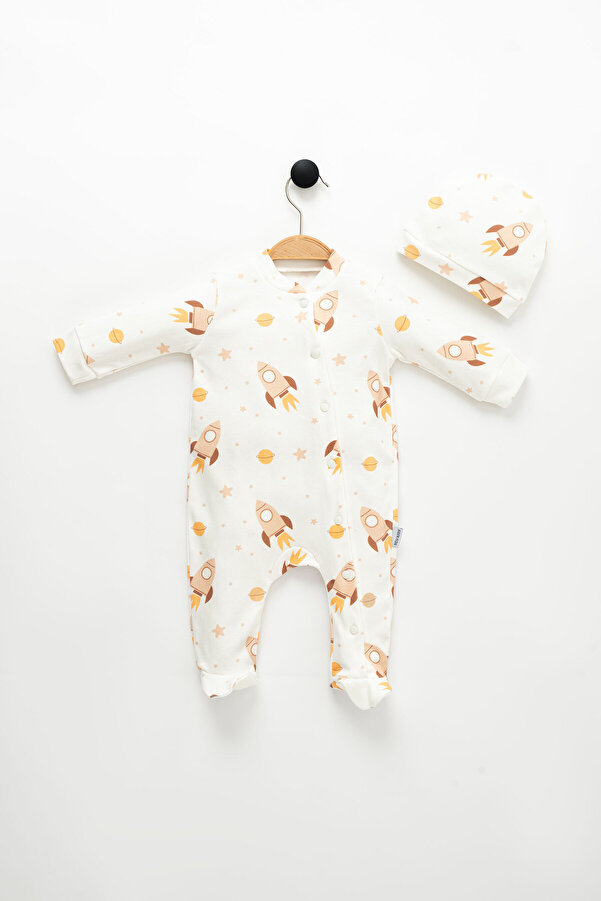 NEU KIDS Unisex Bebek Uzay Mekiği Baskılı Şapkalı Uyku Tulumu 2 parça 0-3,0-6 ay