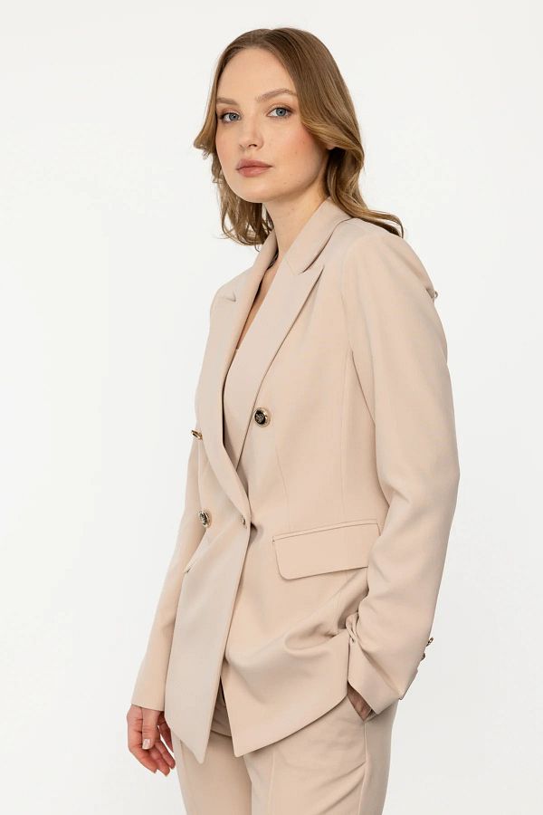 Ekol Women s Jacket with Flap Pockets 5254 Buttoned and Sand Color Trendyol