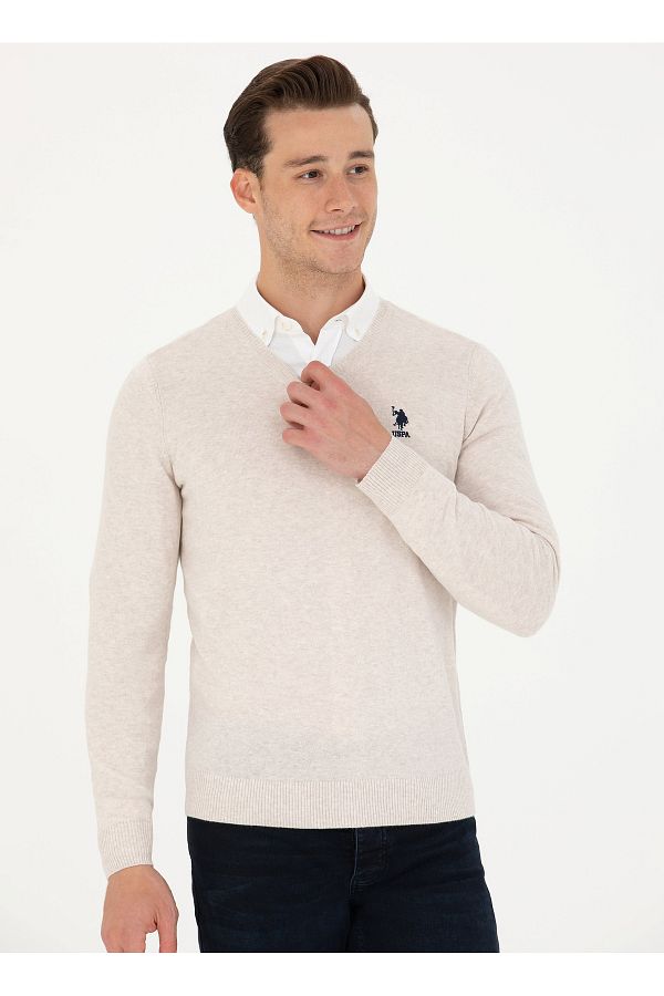 U.S. Polo Assn. US Polo Assn.V Neck Slim Fit Men s Sweater Stone Melange GTD02 GLBSK23 Trendyol