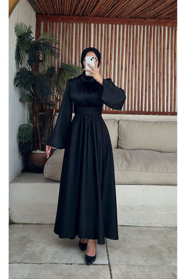 waw tesettur Long Satin Hijab Evening Dress Flounced Sleeve Design Trendyol
