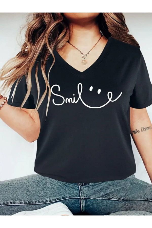mercoledi-Tricou damă oversize casual cu imprimeu negru 1