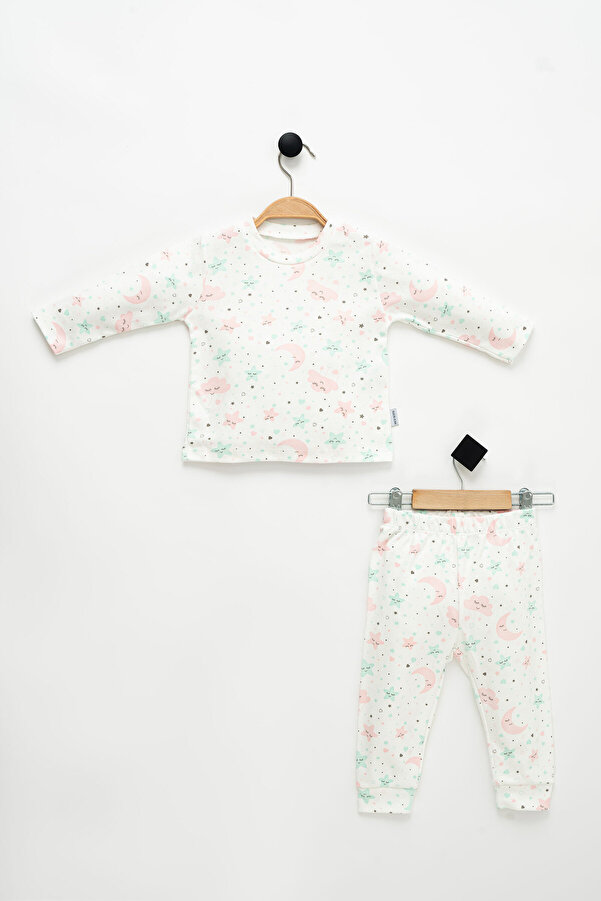 NEU KIDS Kız Çocuk Ay-Yıldız Baskılı Uzun Kollu %100 Pamuklu Pijama Takımı 1-4 Yaş