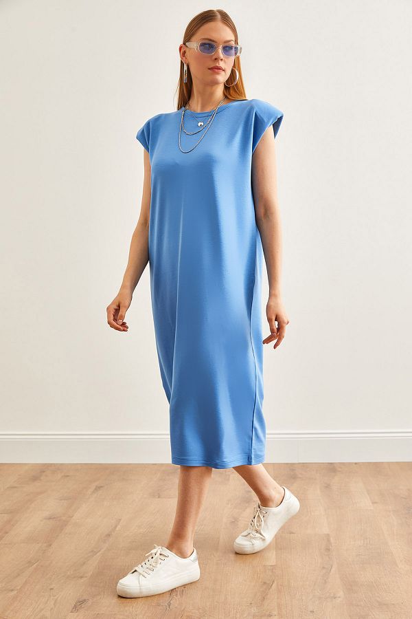 Olalook-Blaues Kleid mit Schulterpolstern und Schlitz und Kristallen für Damen ELB-19002086 1