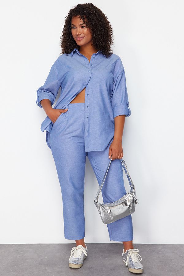 Trendyol Curve-Blue Woven Plus Size Top and Bottom Set 1