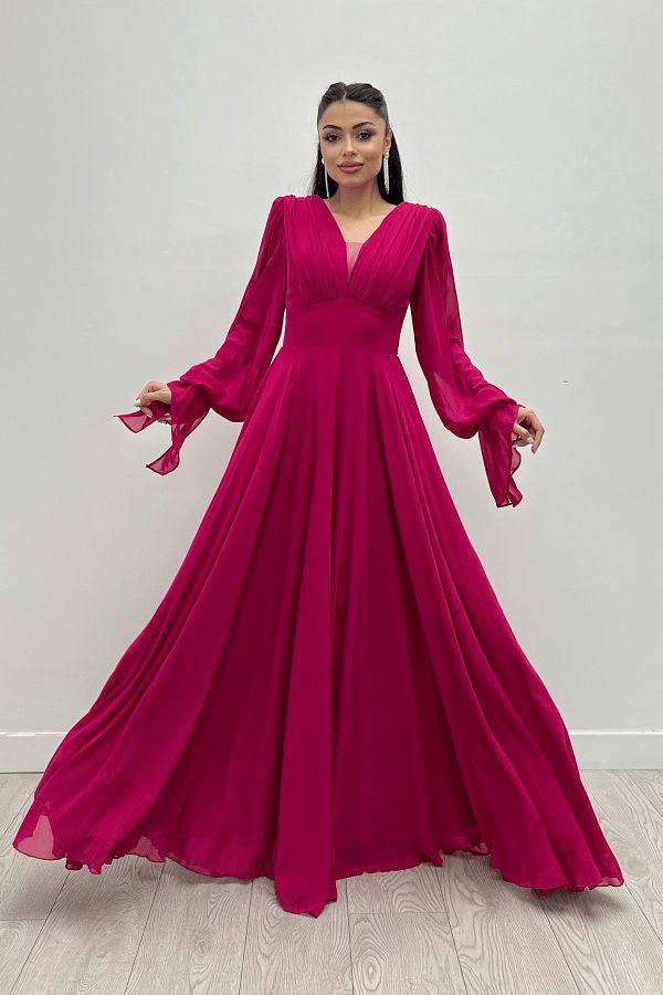 giyimmasal Fuchsia V Neck Gather Detailed Chiffon Maxi Dress Trendyol