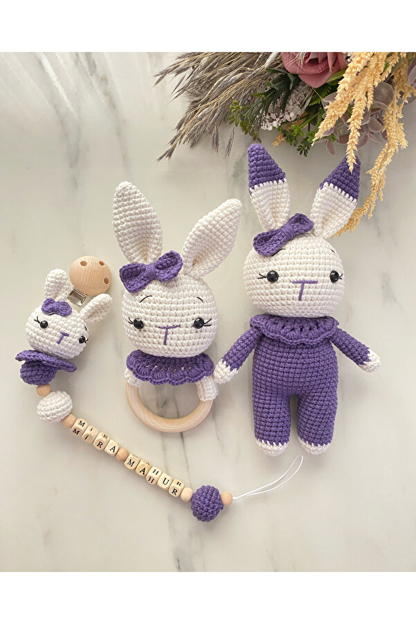 Zey's Amigurumi Amigurumi Yeni Doğan Hediyelik Set Tabşan Uyku Arkadaşı Çıngırak Emzik Zinciri