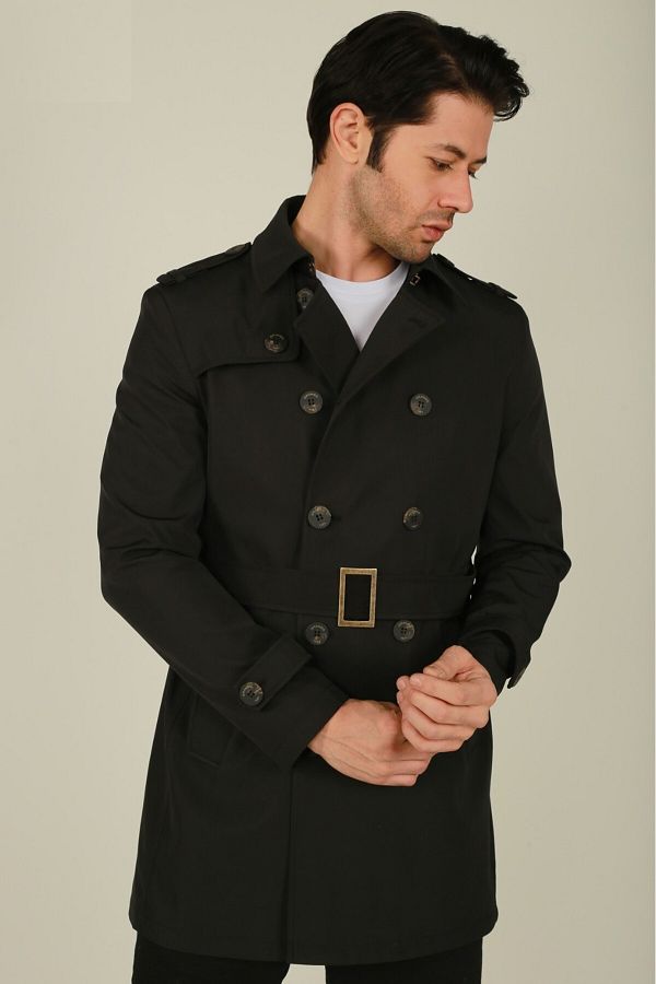 Brango Men s Black Belted Trench Coat 80197 Trendyol
