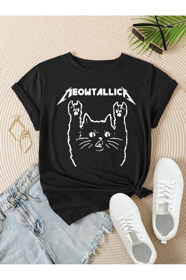 PENTH LUS Meowtallica Large Size Cat Printed T Shirt Trendyol