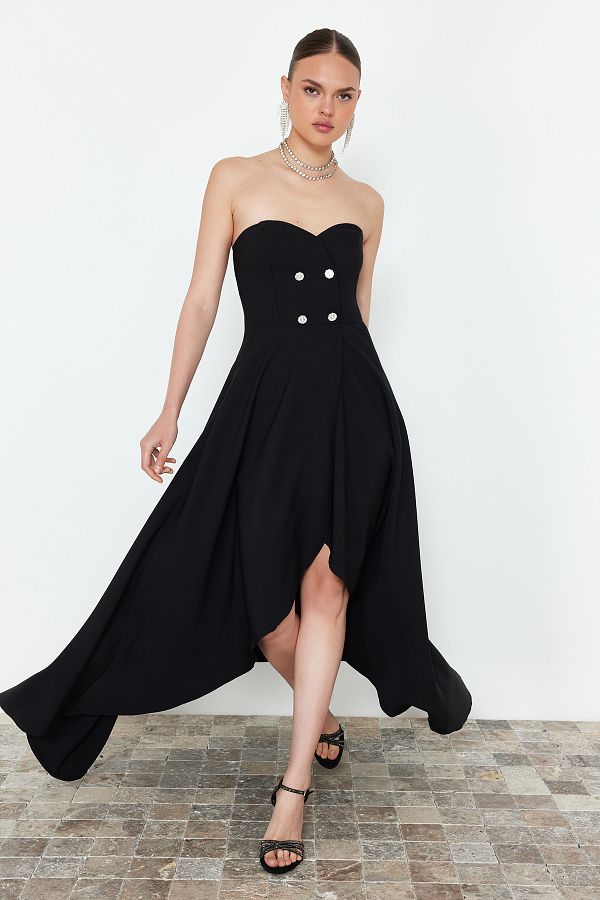 Trendyol Collection-Black Long A-Cut Woven Evening Dress with Stone Accessories - TPRSS24AE00175 1