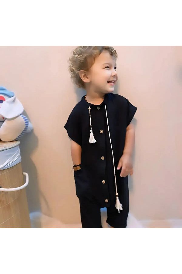 MERRAKİDS-Black Jumpsuit - Buttoned, Sorted and Tassel Detailed 1