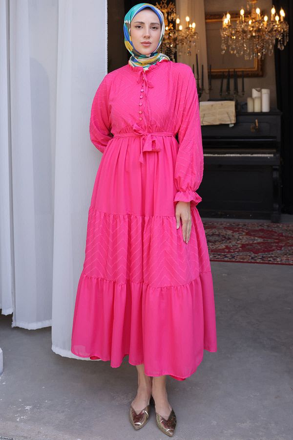benguen-1423 Rochie din șifon cu nasturi în față Fuchsia 1