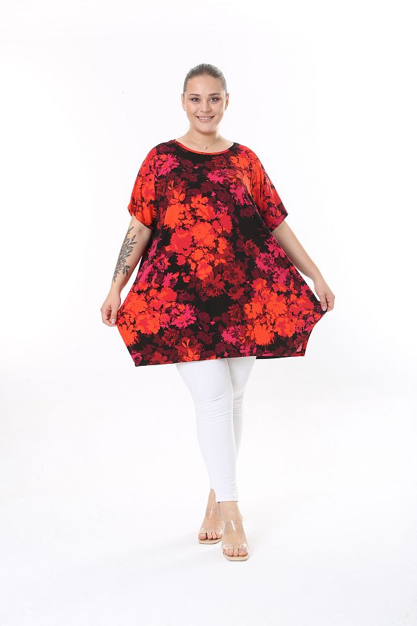 XL Modam-Plus Size Black Red Printed Lycra Tunic 1