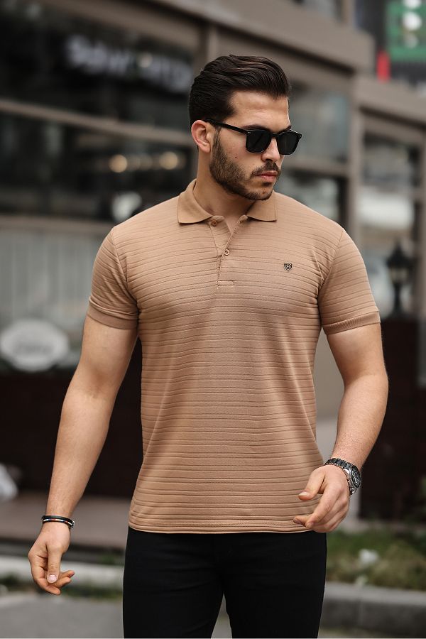 COMB NE M CHA L Men s 100 Cotton Fabric Slim Fit Cut Caramel Polo Collar T shirt Trendyol