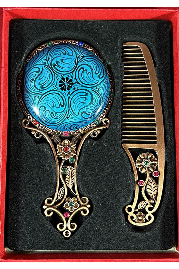 Çini Evi-Light Blue Floor Gold Patterned Scalloped Mirror Set 1
