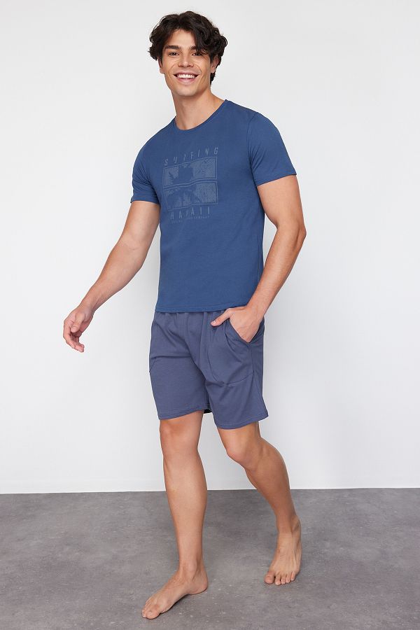 Trendyol Collection-Regular Fit Indigo Printed Knitted Pajamas Set - TMNSS24PT00044 1