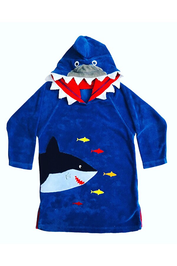 JUNİPERUS %100 Pamuk Sevimli Köpek Balığı Çocuk Panço Plaj Havlusu