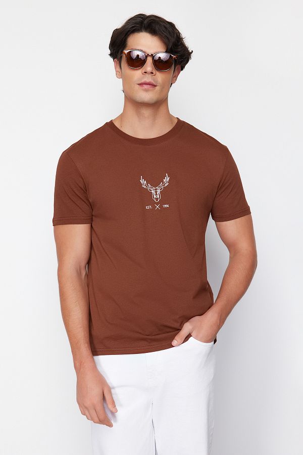 Trendyol Collection-Dark Brown Cotton T-Shirt with Deer Embroidery - Regular Fit TMNSS24TS00165 1