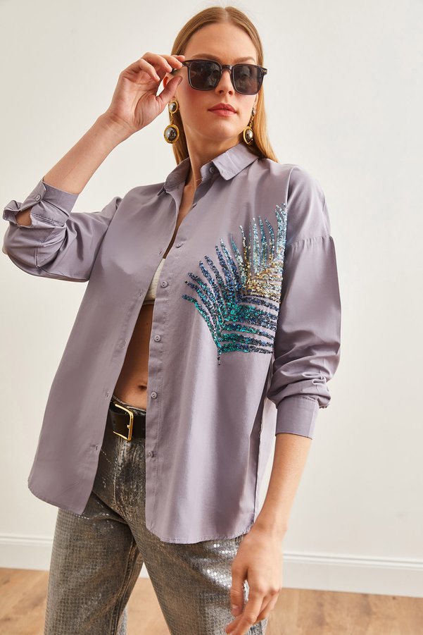 Olalook Women's Gray Palm Sequin Detailed Oversize Woven Poplin Shirt Gml- 19001016