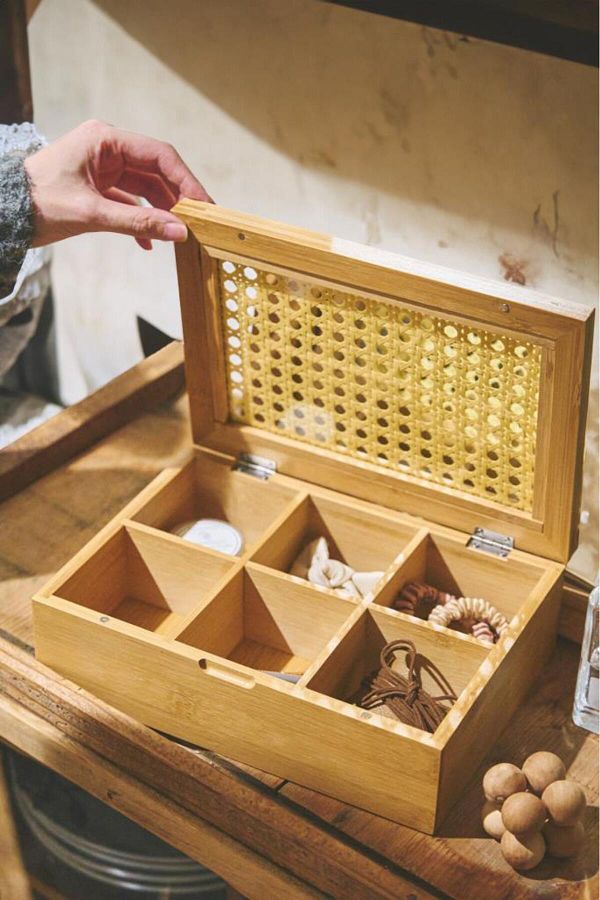 Digithome-6 Compartment Bamboo Tea Box with Lid - Hazeranlı, Brown, C/11 C1- 1