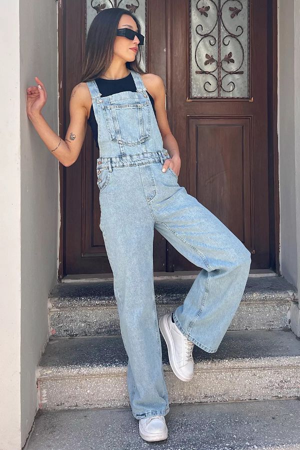 GULSEL Women s Jean Denim Overalls Ice Blue Slippers with Front Pocket Trendyol