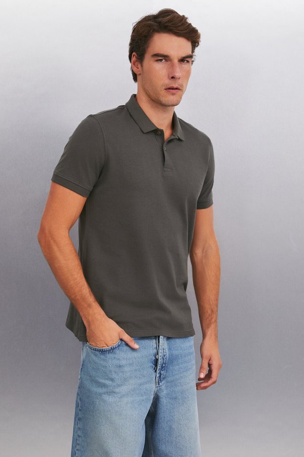 GRIMELANGE Marten Men's 100% Cotton Short Sleeve Regular Fit Anthracite Polo Collar T-Shirt