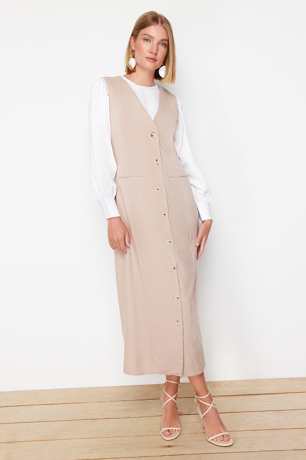 Trendyol Modest-Beiges Gilet-Kleid - Webstoff TCTSS24EB00202 1