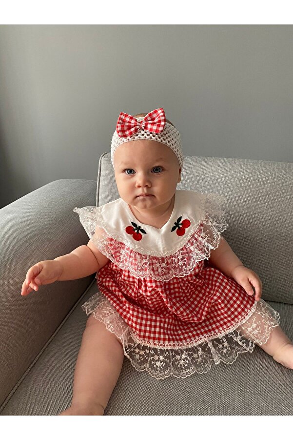 Minizade Kırmızı Pöti Kareli Kiraz Detaylı Saç Bantlı Yazlık Elbise