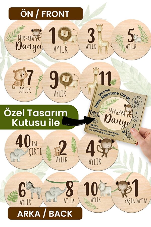 Enjoymydesign Aylık Bebek Kartları Safari Fotoğraf Çekimi Plak Seti Bebek Ay Kartları Hamile Seti