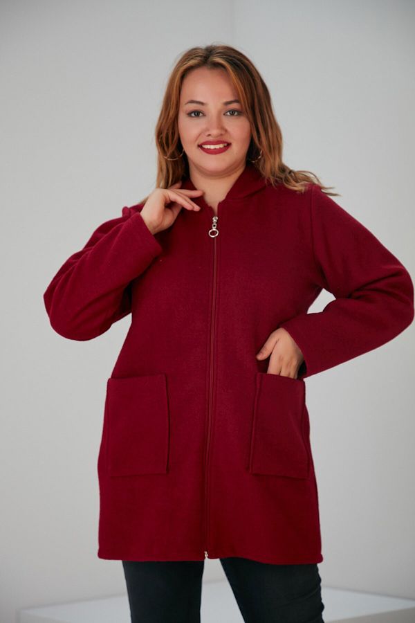 Rmg Hooded Large Size Claret Red Felt Jacket with Pocket Detail Trendyol