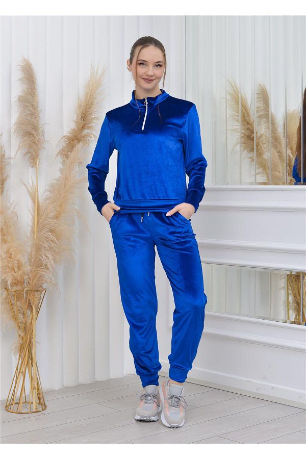 Nuseel-Collared Half Zipper Velvet Set Saxe Color 1