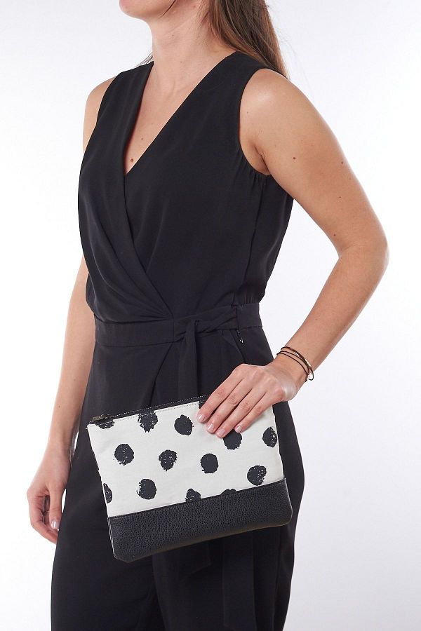 SimplyBagDesign Small Size Clutch Black Polka Dot Fabric and Black Leather Hand Portfolio Women s Bag Trendyol