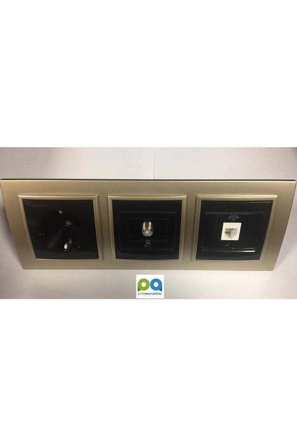 ELBİ-Zena Triple Set Grounded Socket Satellite Socket Telephone Socket Triple Frame Titanium Black Set 1