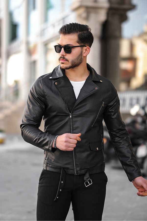 Jaglion Men s Black Unlined Belted Leather Jacket Trendyol