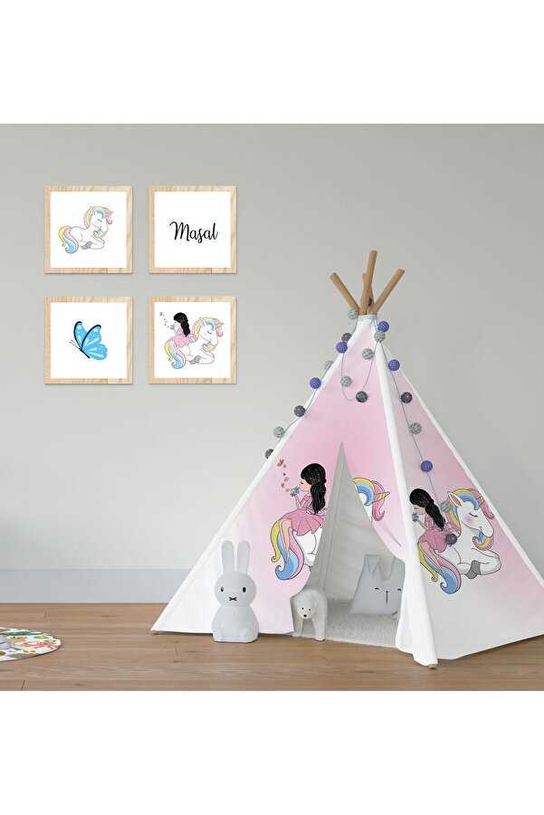 CİCİ ODAM Çocuk Bebek Odası Oyun Çadırı Renkli Unicorn Elinde Kelebek Kız