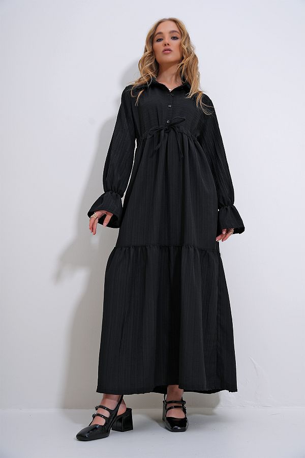 Trend Alacat Stili Black Hijab Dress Shirt Collar Buttoned and Gusseted Skirt Flounce ALC X12288 Trendyol