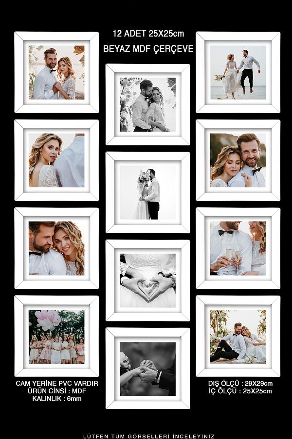 Bytwo-12 Pieces 25x25 Frame - Square Frame - MDF White Frame - Multiple Photo Frame Set 1