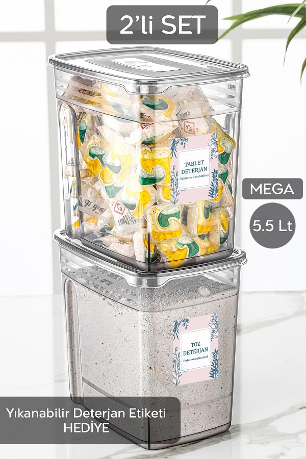 Meleni Home-2-Piece Mega Labeled Detergent Storage Box Lena Tablet Detergent Storage Container with Practical Lid 2x5.5 Lt 1