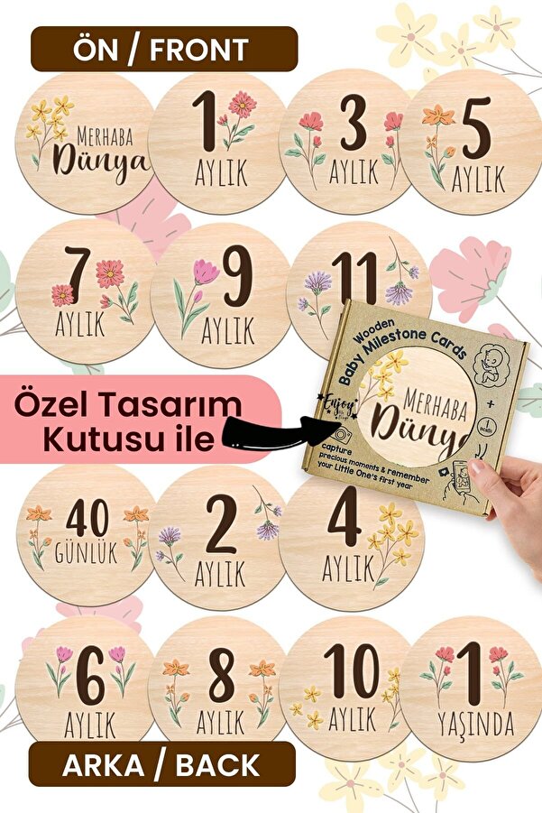 Enjoymydesign Bebek Anı Kartları Seti Çiçek Desenli Aylık Bebek Hatıra Kartları Renkli Ahşap Hamile Ay Kartları