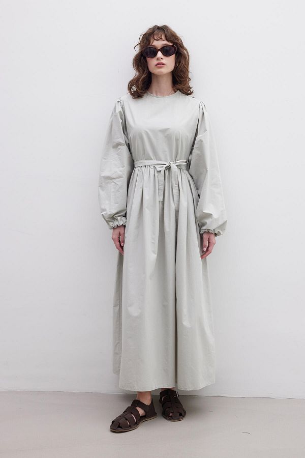 Manuka-Green Premium Poplin Gathered Dress 1