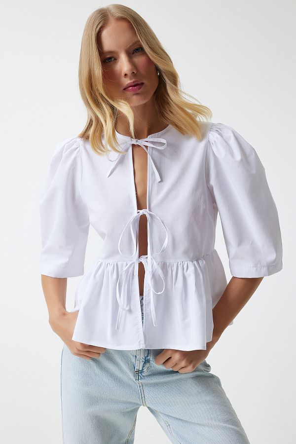 Happiness İstanbul-White Balloon Sleeve Bow Detailed Cotton Poplin Women's Blouse UL00022 1