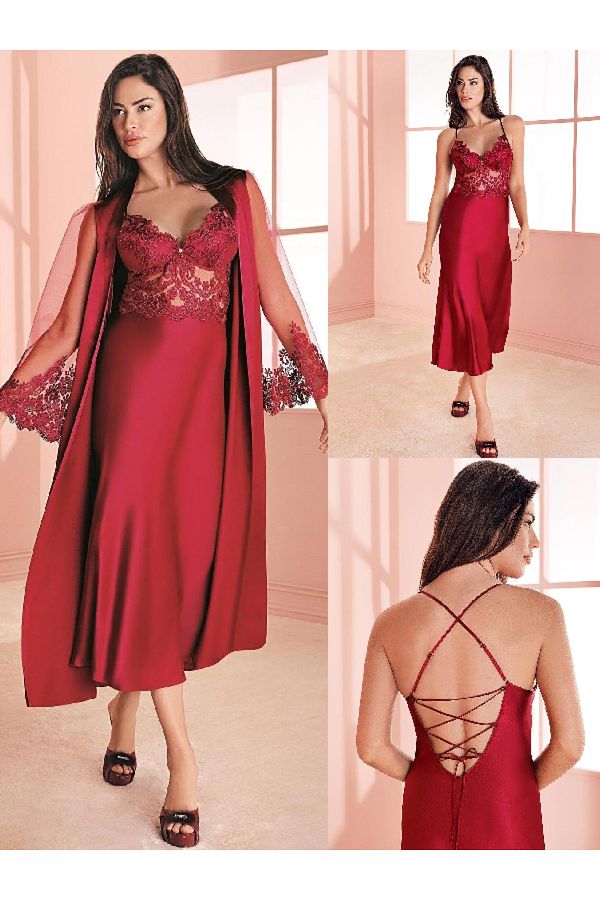 Espuar Women s Satin Long Nightgown and Dressing Gown Set 275 Claret Red M Trendyol