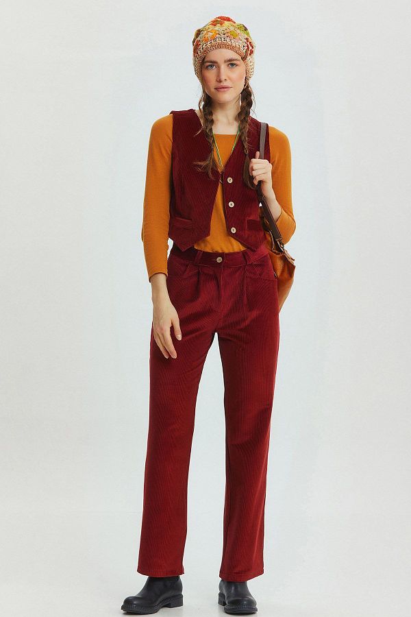 Clandestino-Bohemian Style Corduroy Trousers Claret Red 1