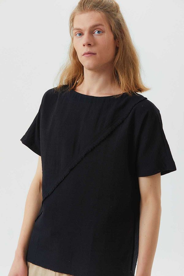 Clandestino-Boat Neck Short Sleeve Casual Men's Shirt Black 1