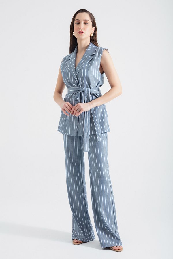 Lafaba-Women's Navy Blue Striped Trousers with Side Pockets 1