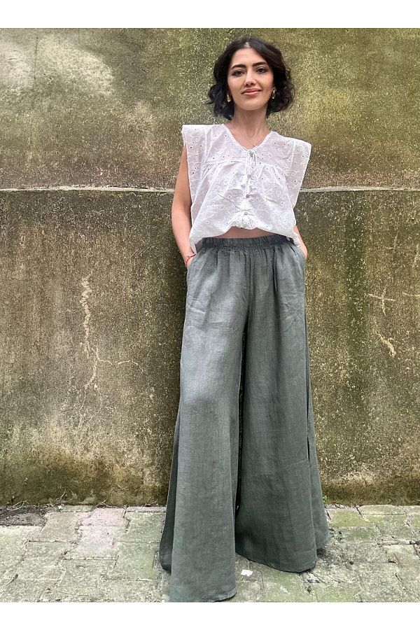 soBasic-Khaki Linen Trousers - Elastic Waist, Wide Leg, Pocket, STD Model 1