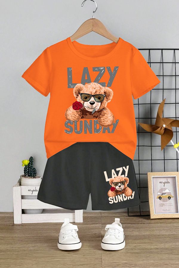 MYADA-Set pentru copii cu decolteu rotund cu imprimeu Lazy Sunday Rose - pantaloni scurți elastici, 12659 1